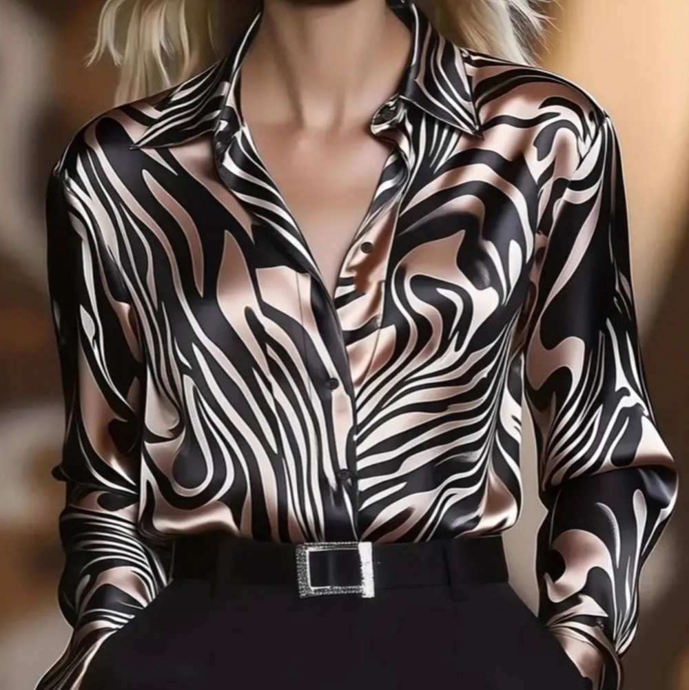 Silky Zebra-Print Button-Up Blouse - Brown & Champagne - Picture 4 of 6